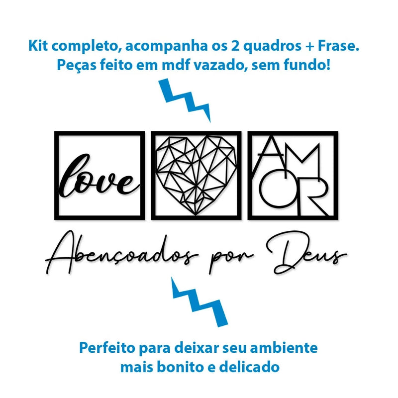 Conjunto de Quadros Decorativos em MDF Preto: "Abençoados por Deus", "Love" e "Coração Geométrico Amor".