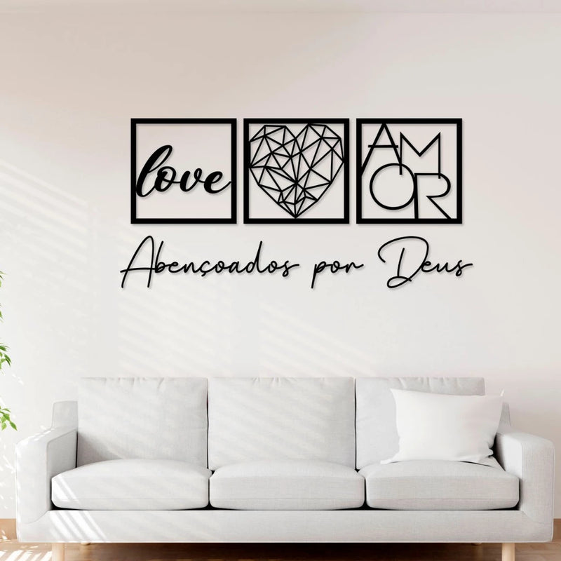 Conjunto de Quadros Decorativos em MDF Preto: "Abençoados por Deus", "Love" e "Coração Geométrico Amor".